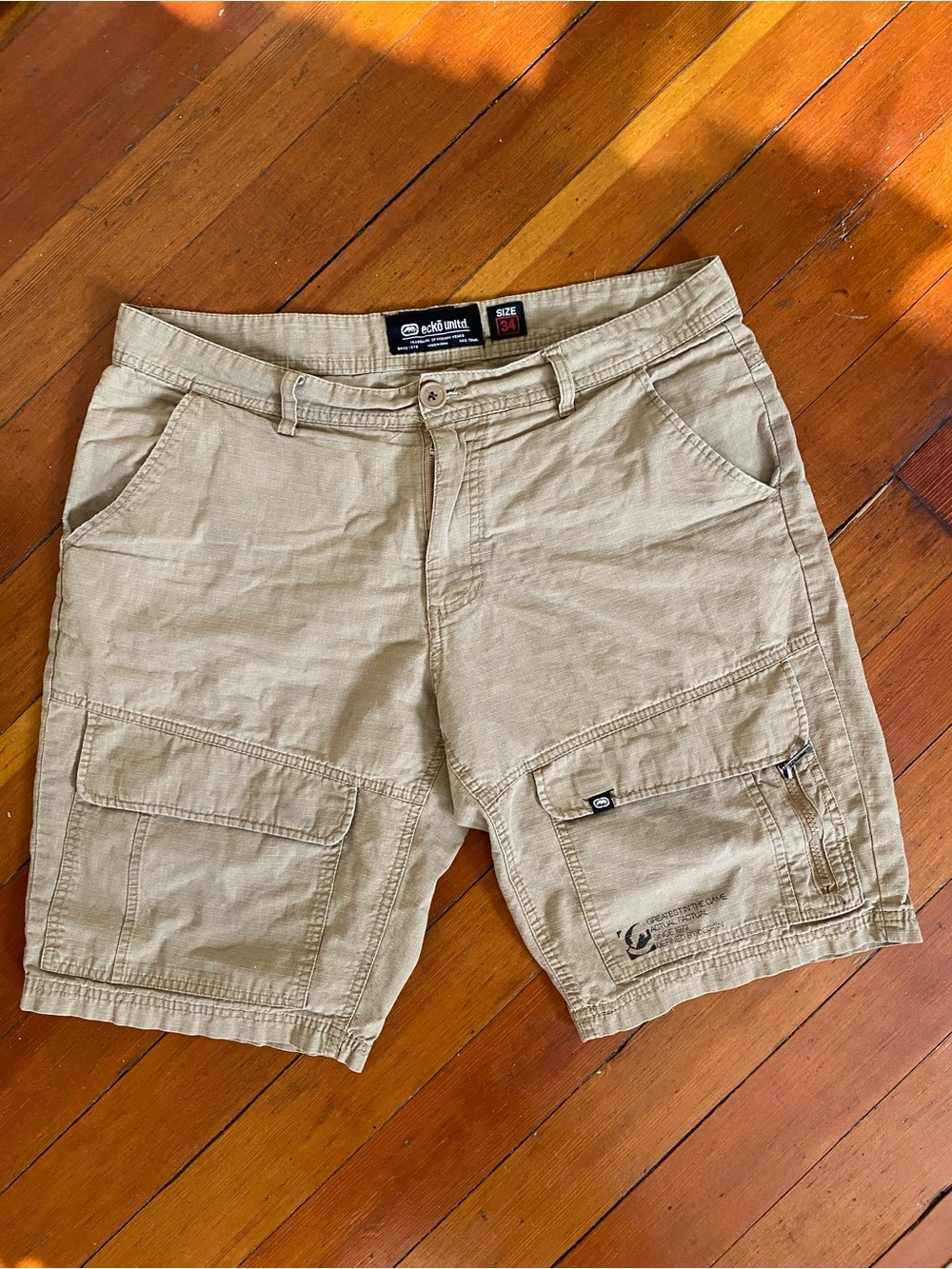 Ecko Unltd Y2K Tan Khaki Slub Knit Cargo Shorts - 34